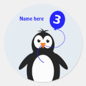 3de verjaardagspinguïn voeg naamblauw toe ronde sticker (Voorkant)