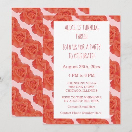 3e 3e Verjaardag Roze Sinaasappel Bloemen Roos Sch Kaart (Voorkant / Achterkant)