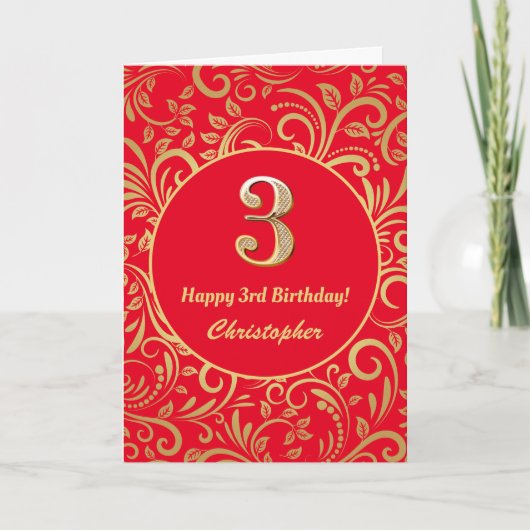 3e Birthday Red en Gold Floral Pattern Kaart (Voorkant)