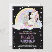 3e Bloemen Zwart Eenhoorn Verjaardag Uitnodigingen (Voorkant)