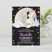 3e Bloemen Zwart Eenhoorn Verjaardag Uitnodigingen (Staand voorkant)