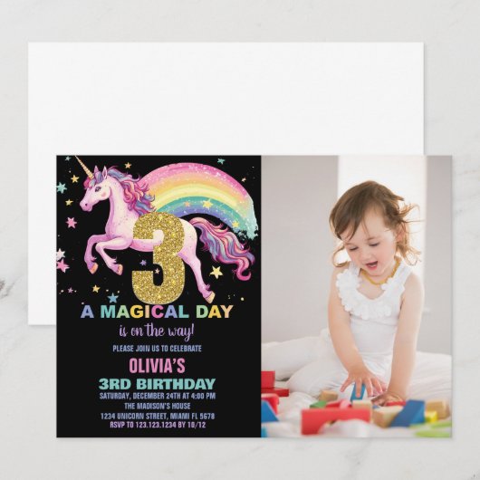 3e Eenhoorn Verjaardag Uitnodigingen Zwart w foto (Voorkant / Achterkant)