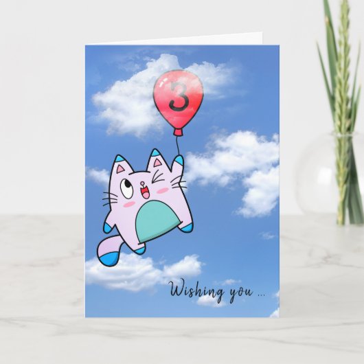 3e geboortedag, kat en ballon, Kaart (Voorkant)