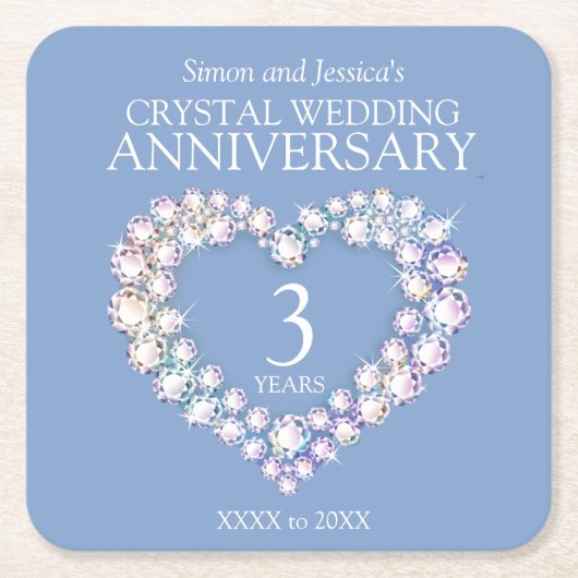 3e huwelijksverjaardag Hart Custom Light Blue Kartonnen Onderzetters (Voorkant)