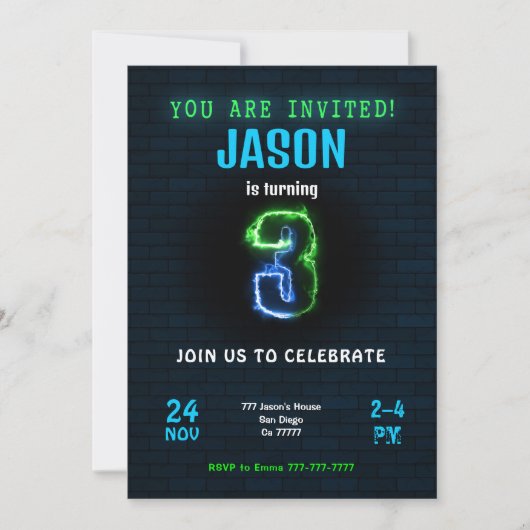 3e jongen verjaardag uitnodiging (Voorkant)