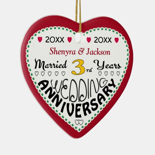 3e Jubileum Gift Hartvormige Kerst Keramisch Ornament (Rechts)