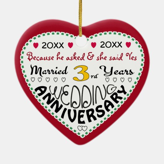 3e Jubileum Gift Hartvormige Kerst Keramisch Ornament (Achterkant)