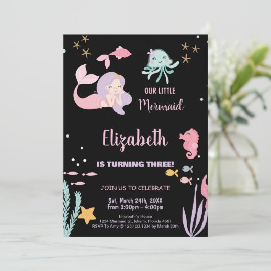 3e onze kleine zeemeermin verjaardag uitnodigingen (Staand voorkant)
