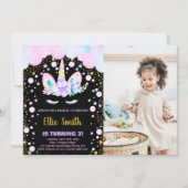 3e Paarse Eenhoorn Verjaardagsuitnodigingen met fo Kaart (Voorkant)