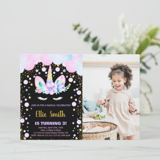 3e Paarse Eenhoorn Verjaardagsuitnodigingen met fo Kaart (Staand voorkant)