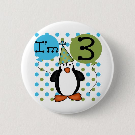 3e Penguin Verjaardag Tshirts en geschenken Ronde Button 5,7 Cm (Voorkant)