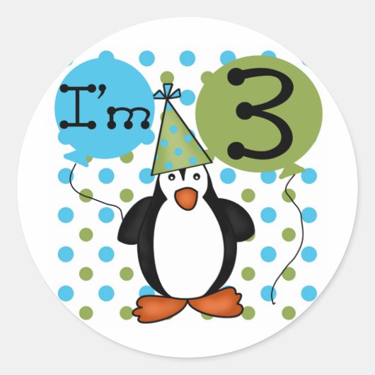 3e Penguin Verjaardag Tshirts en geschenken Ronde Sticker (Voorkant)
