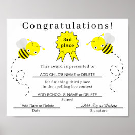 3e plaats Spelling Bee Certificaat voor Kinderen Poster