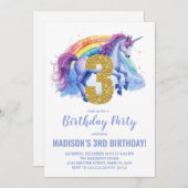 3e Rainbow Unicorn Verjaardag Uitnodigingen (Voorkant / Achterkant)