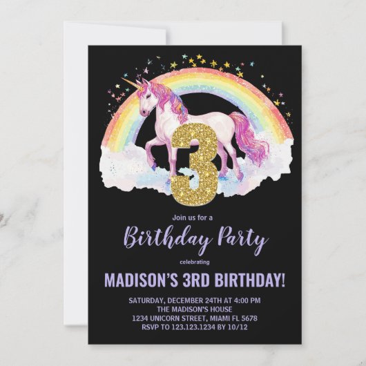 3e Rainbow Unicorn Verjaardag Uitnodigingen (Voorkant)