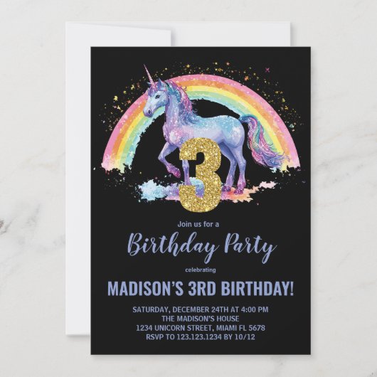 3e Rainbow Unicorn Verjaardag Uitnodigingen (Voorkant)