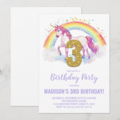 3e Rainbow Unicorn Verjaardag Uitnodigingen (Voorkant / Achterkant)