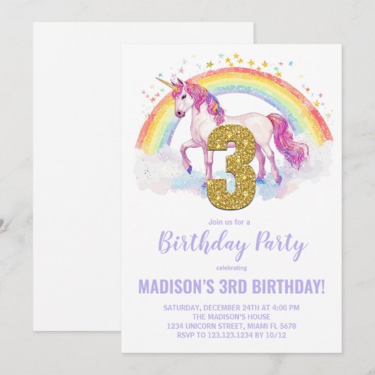 3e Rainbow Unicorn Verjaardag Uitnodigingen (Voorkant / Achterkant)