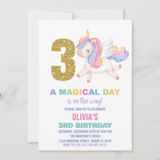 3e Rainbow Unicorn Verjaardag Uitnodigingen (Voorkant)