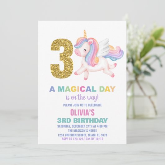 3e Rainbow Unicorn Verjaardag Uitnodigingen (Staand voorkant)
