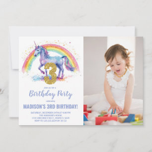 3e Rainbow Unicorn Verjaardag Uitnodigingen foto