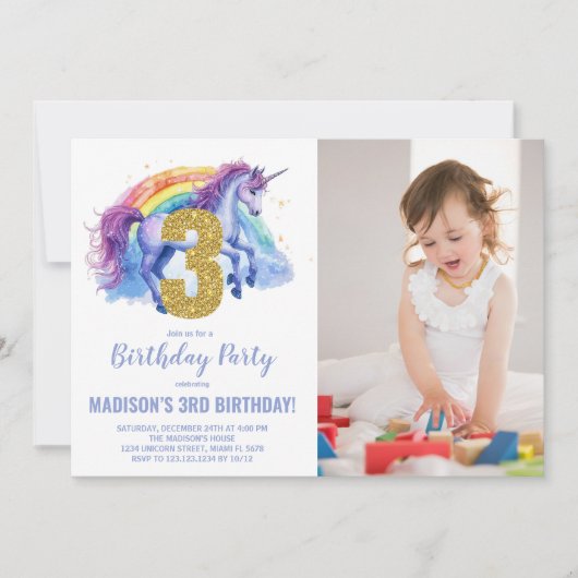 3e Rainbow Unicorn Verjaardag Uitnodigingen foto (Voorkant)
