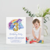 3e Rainbow Unicorn Verjaardag Uitnodigingen foto (Staand voorkant)