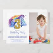 3e Rainbow Unicorn Verjaardag Uitnodigingen foto (Voorkant / Achterkant)