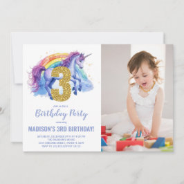 3e Rainbow Unicorn Verjaardag Uitnodigingen foto