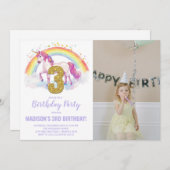 3e Rainbow Unicorn Verjaardag Uitnodigingen foto (Voorkant / Achterkant)