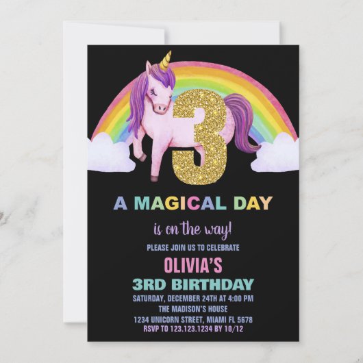 3e Rainbow Unicorn Verjaardag Uitnodigingen Glitte (Voorkant)