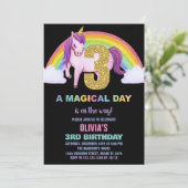 3e Rainbow Unicorn Verjaardag Uitnodigingen Glitte (Staand voorkant)