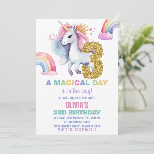 3e Rainbow Unicorn Verjaardag Uitnodigingen Glitte (Staand voorkant)