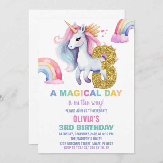 3e Rainbow Unicorn Verjaardag Uitnodigingen Glitte (Voorkant / Achterkant)