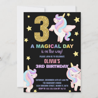 3e Rainbow Unicorn Verjaardag Uitnodigingen Vliege