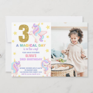 3e Rainbow Unicorn Verjaardag Uitnodigingen w foto