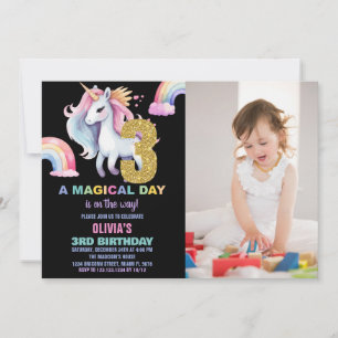 3e Rainbow Unicorn Verjaardag Uitnodigingen w foto