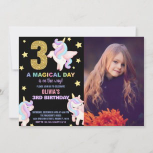 3e Rainbow Unicorn Verjaardag Uitnodigingen w foto