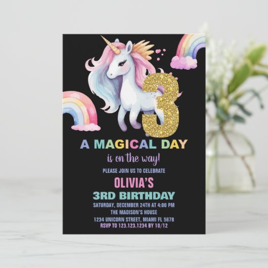 3e Rainbow Unicorn Verjaardag Uitnodigingen Waterc (Staand voorkant)