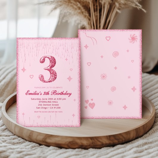 3e Roze Glitter Verjaardag | Fonkel Glitter Kaart