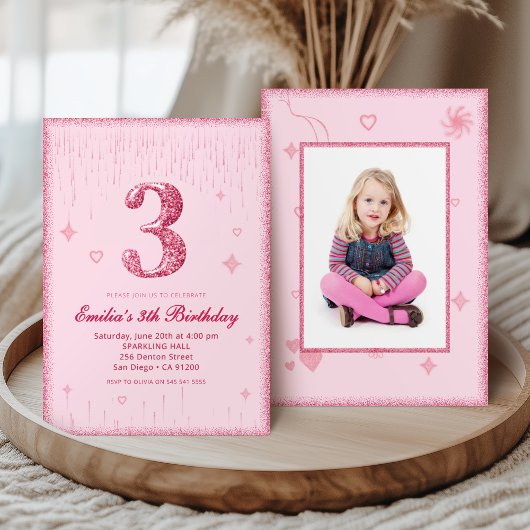 3e Roze Glitter Verjaardag Fonkelende Glitter afbe Kaart