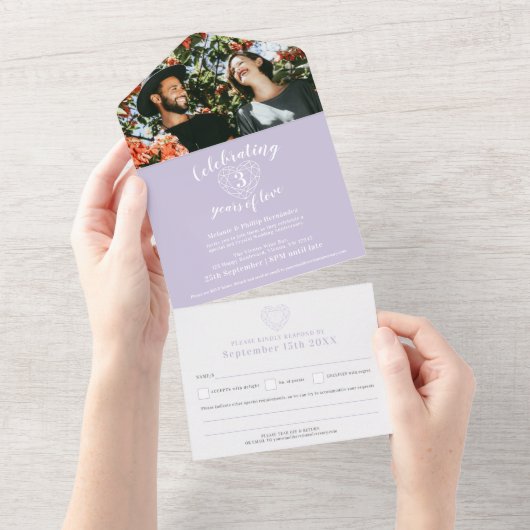 3e trouwdag kristal paarse RSVP foto All In One Uitnodiging (Afscheurbaar)