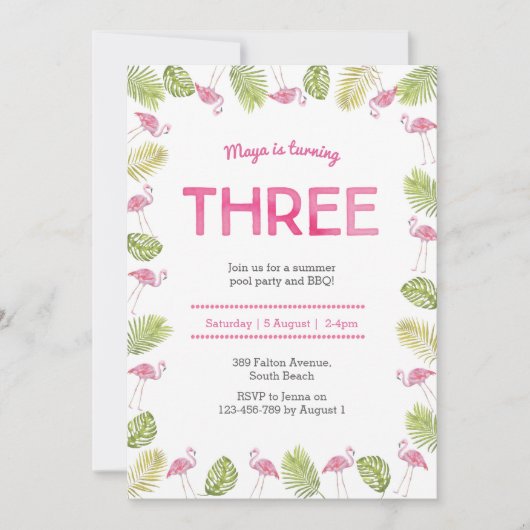 3e uitnodiging | tropische flamingo (Voorkant)