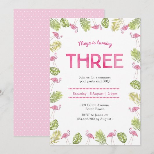 3e uitnodiging | tropische flamingo (Voorkant / Achterkant)