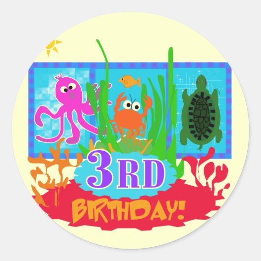 3e Undersea Adventure Verjaardag Tshirts Ronde Sticker (Voorkant)