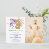 3e Unicorn Verjaardag Uitnodigingen met foto (Staand voorkant)