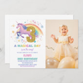 3e Unicorn Verjaardag Uitnodigingen met foto (Voorkant / Achterkant)
