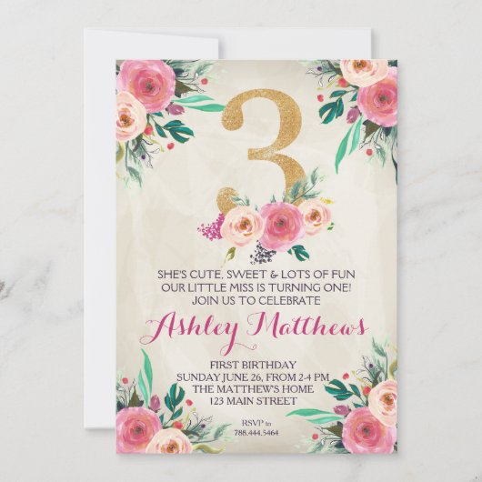3e verjaardag 3e mooie bloemen uitnodiging, kaart (Voorkant)