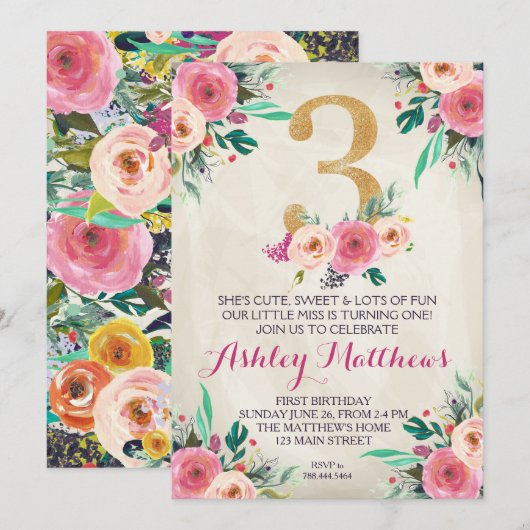 3e verjaardag 3e mooie bloemen uitnodiging, kaart (Voorkant / Achterkant)