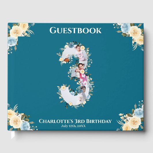 3e verjaardag Blauwgroen foto Collage Blue Yellow Gastenboek (Voorkant)